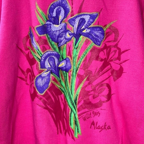 Vintage 80s Bright Pink Alaska Sweatshirt w/ Wild Iris Flowers Print Size Large - Picture 2 of 4